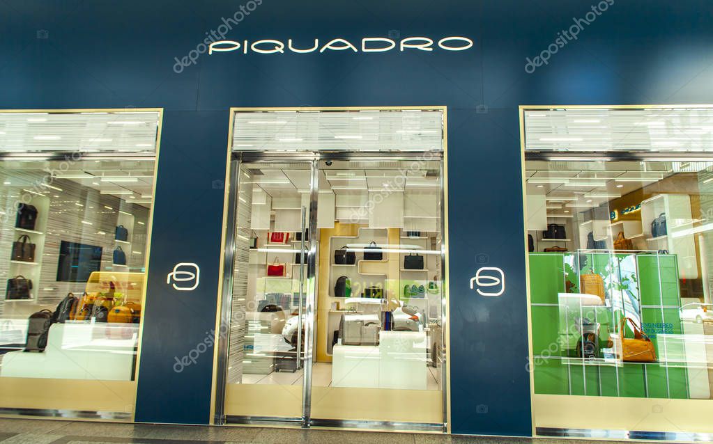 TURIN, ITALY - JUNE 3, 2015: Detail of Piquadro store in turin, Italy. It is an Italian leather goods company founded at 1987.