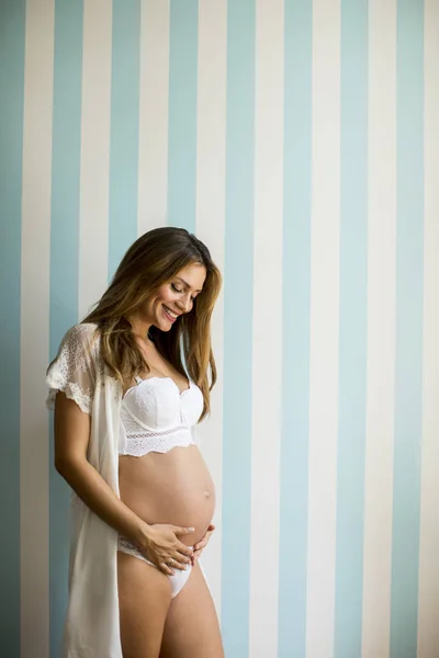 Pregnancy Motherhood Happy Pregnant Woman Wall Home — Stock Photo, Image