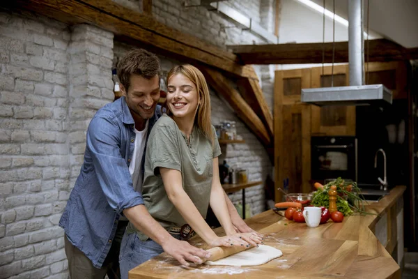 Lovely Cheerful Young Couple Preparing Dinner Together Having Fun Rustic — 스톡 사진