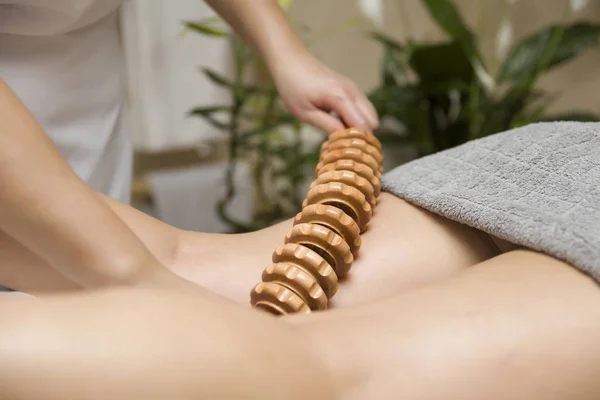 Closeup Maderotherapy Cellulite Massage Wooden Roller Massager — Stock Photo, Image