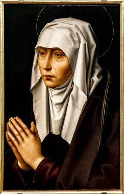 FLORENCE, ITALY - APRIL 7, 2018: Mater Dolorosa painting in Uffizi Gallery in Florence, Italy. Portrait was painted by Hans Memling at 1480 in Northern Renaissance style.