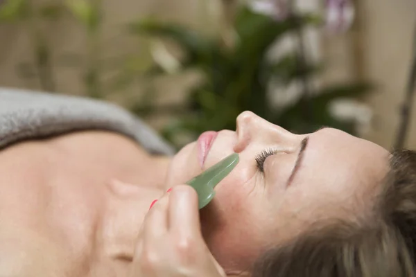Woman Having Gua Sha Facial Massage Natural Jade Stone Massager — Stock Photo, Image