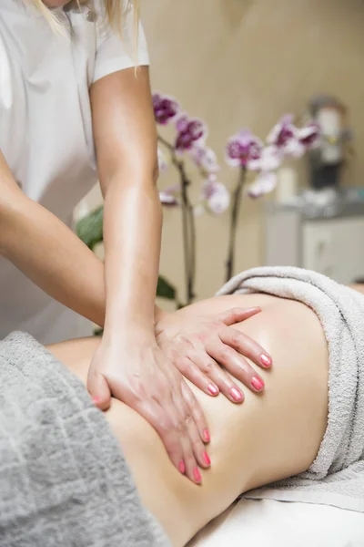 Woman Having Professional Massage Abdomen Spa Center — 스톡 사진