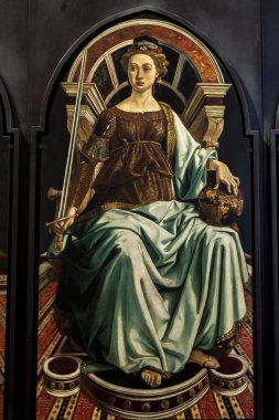 Floransa, İtalya - 7 Nisan 2018: Adalet, İtalya 'nın Floransa kentindeki Uffizi Galerisi' ndeki Faziletleri resmeden panellerden. Ressam tarafından yapılmış.