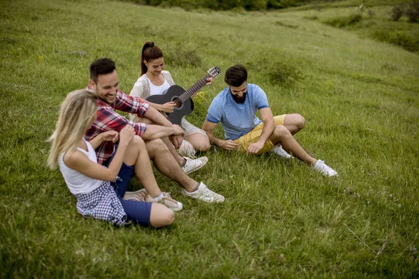 一群年轻人坐在草地上 在大自然的高山上野外游览 玩得很开心 — 图库照片
