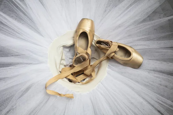 Professional ballet shoes with ribbons on a white tutu in a dance studio