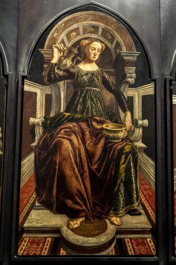 FLORENCE, ITALY - 7 Nisan 2018: Temperance, Floransa, İtalya 'daki Uffizi Galerisi' ndeki Faziletleri tasvir eden panellerden. Ressam tarafından yapılmış.