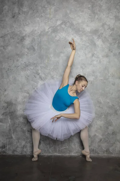 Pretty Young Ballerina Dancer Dancing Classical Ballet Rustic Wall — Stock Photo, Image