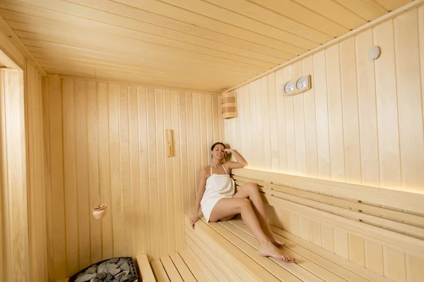 Pretty young woman relaxing in the sauna