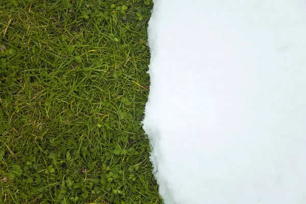 Sciogliere Neve Sull Erba Verde Vicino Come Tra Concetto Inverno — Foto Stock
