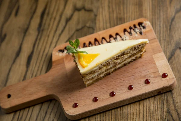 Slice Nougat Cake Wooden Plate — Stock Photo, Image