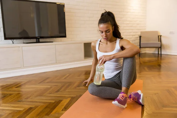 Sporty Young Woman Resting Having Break Doing Exercise Home — Stock Photo, Image