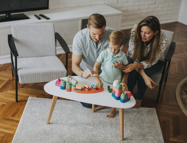 Cute Little Boy Playing Toys Living Room Father Mother — Stock Photo, Image