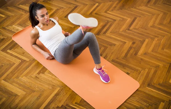 Cute Young Attractive Woman Practicing Exercises Floor Home — Stock Photo, Image