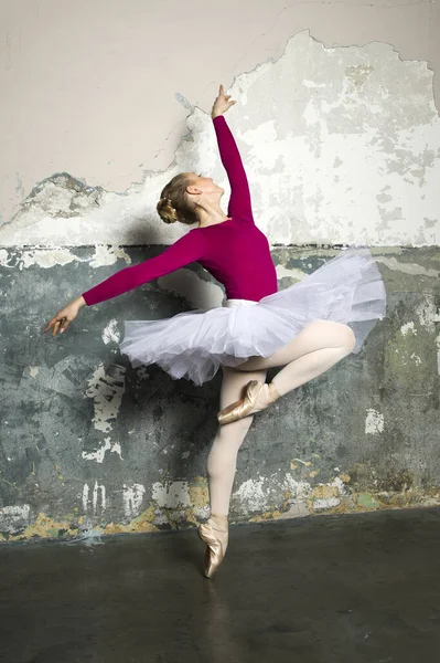 Pretty Young Ballerina Dancer Dancing Classical Ballet Rustic Wall — Stock Photo, Image