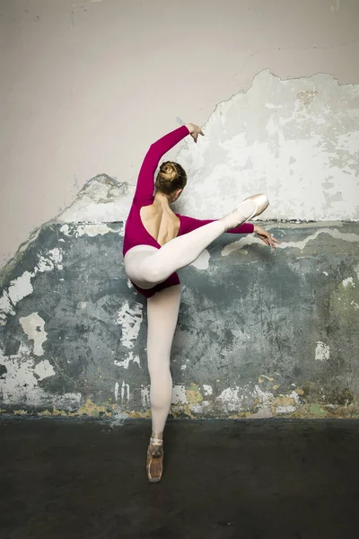 年轻而美丽的芭蕾舞演员在乡村的墙壁上表演着经典的芭蕾舞 — 图库照片