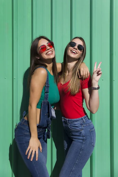 Duas Jovens Moda Melhor Fêmea Junto Parede Verde Dia Quente — Fotografia de Stock