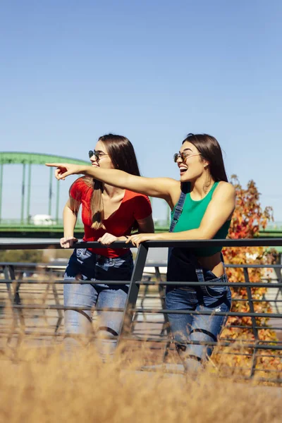 Två Trendiga Unga Bästa Kvinna Står Vid Den Gamla Bron — Stockfoto