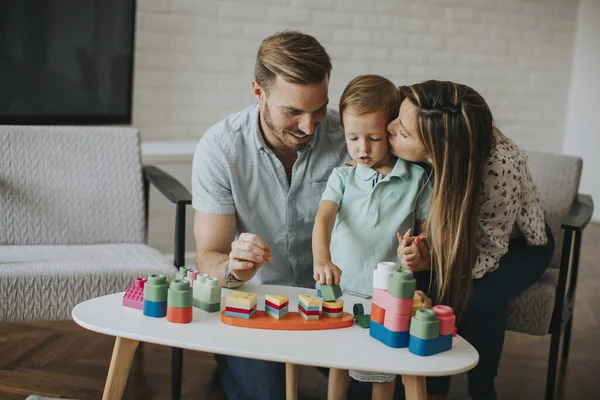 Cute Little Boy Playing Toys Living Room Father Mother — Stock Photo, Image