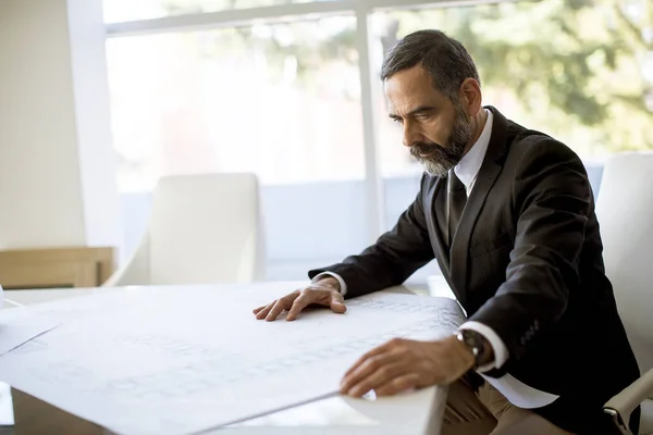 Handsome Architect Checking Plans Blueprints Office — Stock Photo, Image