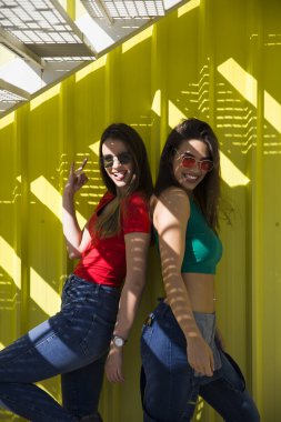 Sıcak bir yaz gününde sarı duvarın yanında duran en şık iki genç bayan.