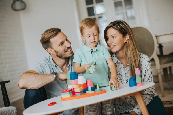 Cute Little Boy Playing Toys Living Room Father Mother — Stock Photo, Image