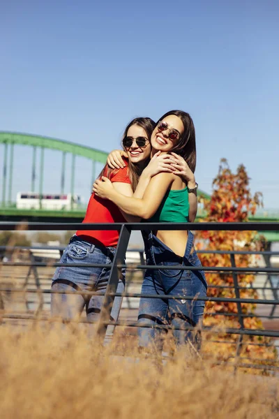 Due Giovani Migliori Donne Alla Moda Piedi Vicino Vecchio Ponte — Foto Stock