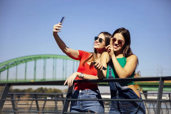 Sonriente Joven Mejores Amigas Tomando Selfie Parque Día Verano —  Fotos de Stock