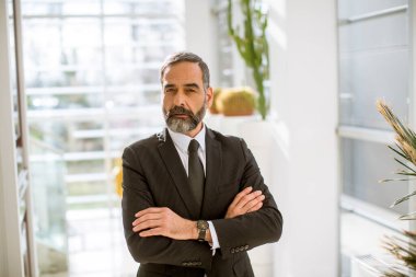 Ofiste duran yakışıklı, olgun bir iş adamı.