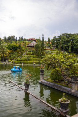 BALI, INDONESIA - 27 HAZİRAN 2019: Endonezya 'nın Bali kentindeki Tirta Gangga su sarayında tanımlanamayan bir çukur. Doğu Bali 'de eski bir kraliyet sarayıdır ve adını Ganj Nehri' nden almıştır..
