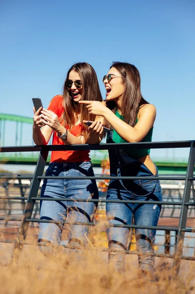 Sonriendo Mejores Amigas Jóvenes Mirando Teléfono Móvil Parque Día Verano — Foto de Stock
