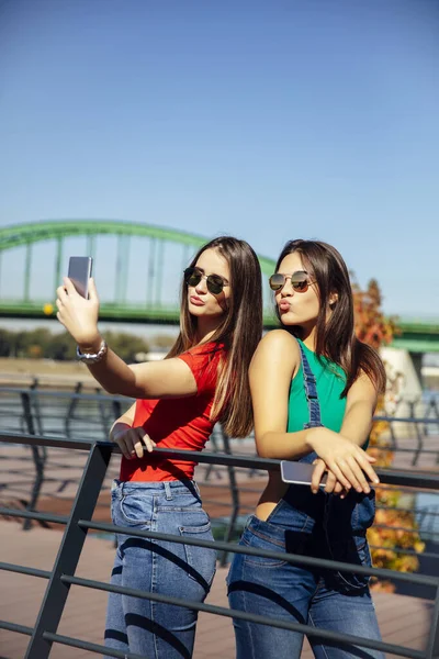 Lächelnde Junge Beste Freundinnen Machen Einem Sommertag Ein Selfie Park — Stockfoto