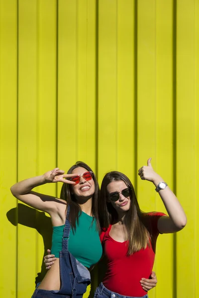 Dvě Trendy Mladá Nejlepší Fena Stojící Žluté Zdi Horkém Letním — Stock fotografie