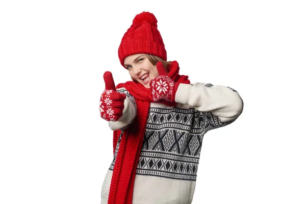 Opgewonden winter warme kleding meisje dubbele duim opgevend — Stockfoto