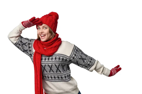 Surprised winter woman looking forward — Stock Photo, Image