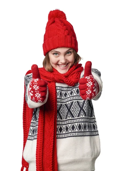 Opgewonden winter warme kleding meisje dubbele duim opgevend — Stockfoto