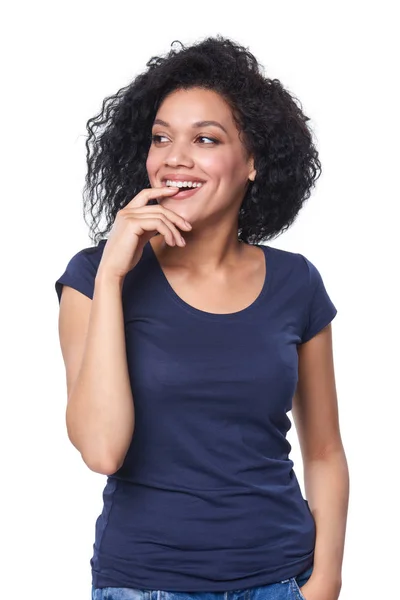 Feliz mulher surpresa olhando para o lado sorrindo — Fotografia de Stock