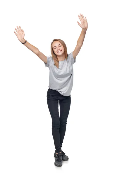 Adolescente chica mostrando pulgar hacia arriba signo — Foto de Stock