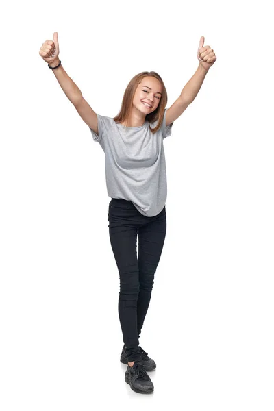Tiener meisje duim omhoog teken tonen — Stockfoto