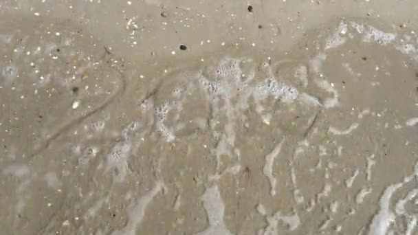 Фігури 2018 року на вологому піску з хвильовою піною — стокове відео