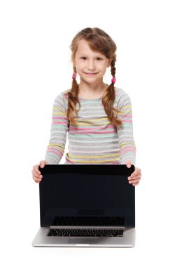 Girl sitting with laptop showing blank black screen clipart