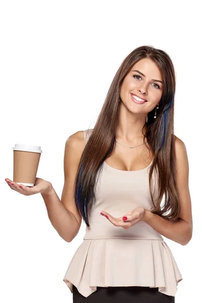 Woman holding hot drink in disposable paper cup — Stock Photo, Image