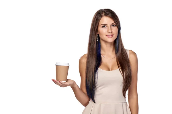 Woman holding hot drink in disposable paper cup — Stock Photo, Image