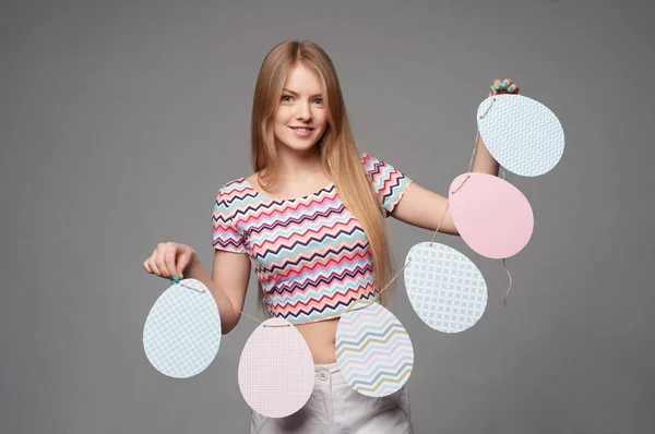 Smiling Girl Holding Banner Easter Eggs Shape — Stock Photo, Image