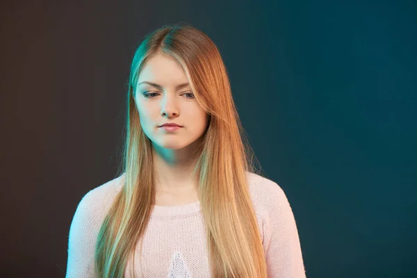 Portrait Young Thoughtful Female Studio Shot Colored Backlight — Stok Foto