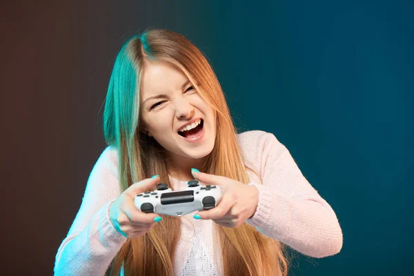 Gamer Girl Screaming Happy Woman Playing Video Game Joystick — Stock Photo, Image