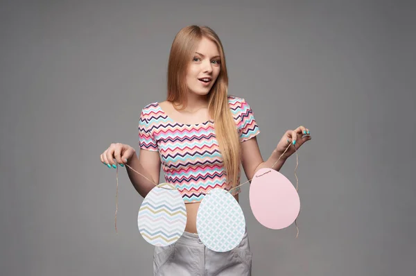 Excited Girl Holding Banner Three Easter Eggs Shape — Stock Photo, Image