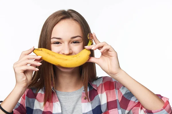 Closeup Portrait Teen Girl Holding Banana Smile Front Her Lips — Stock Photo, Image