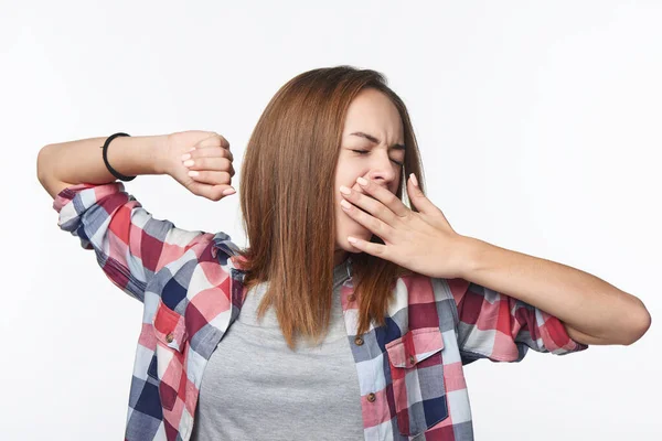 Portrait Teen Casual Girl Yawning Covering Mouth Hand Studio Shot — Stock Photo, Image