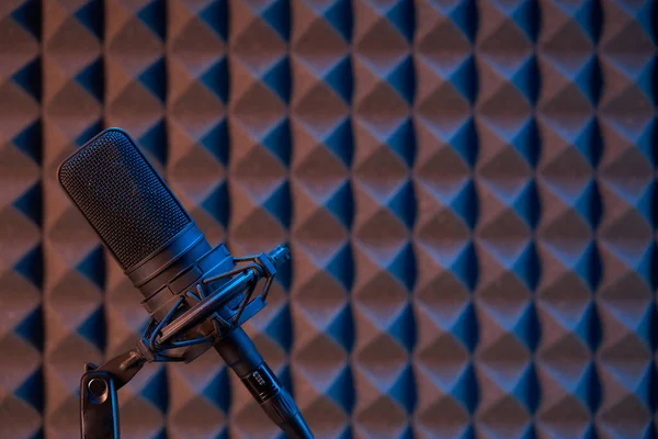 Stüdyo Yoğunlaştırıcı Mikrofonu Akustik Köpük Panel Arka Planında Sağ Tarafta — Stok fotoğraf